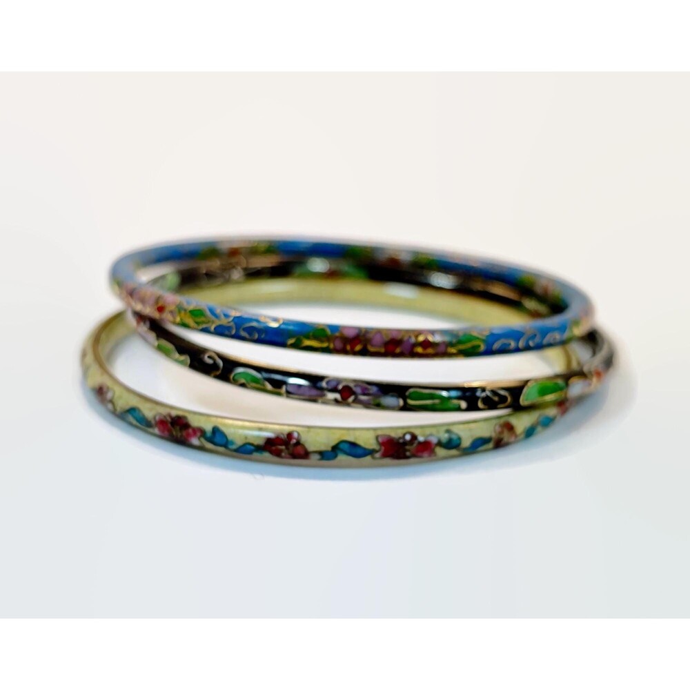Vintage Asian Cloisonne Bangle Bracelets, Bohemian Stack Set, Blue Black Flower - Picture 4 of 6
